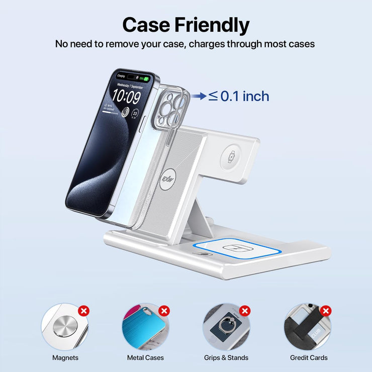 Foldable Induction Charger, 3 in 1 Wireless Charger Compatible with Iphone 13 12 11 Pro Max/Xr/Xs Max/X/8 Plus, Fast Qi Charging Station Compatible with Apple Watch Series White