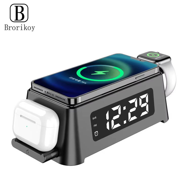 4 in 1 Wireless Charger Dock for Iphone 16 15 14Pro Apple Watch S9 8 7 15W Fast Charging Station Desktop LED Digital Alarm Clock