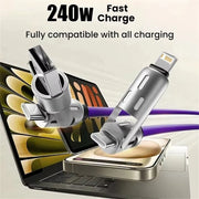 4-In-1 240W Rotating Elbow USB-C Silicone Cable 1M 1.5M 2M Fast Charging Data Transfer for Iphone 15 14 Pro Max Samsung Xiaomi