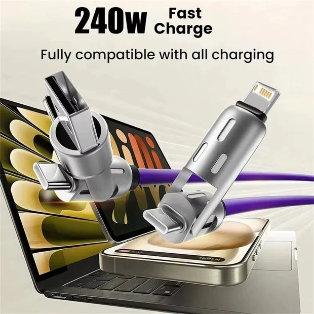 4-In-1 240W Rotating Elbow USB-C Silicone Cable 1M 1.5M 2M Fast Charging Data Transfer for Iphone 15 14 Pro Max Samsung Xiaomi