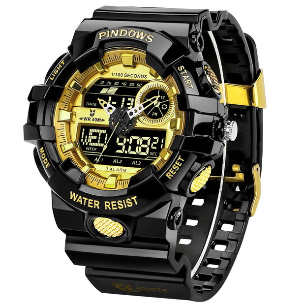 PINIDOUS Mens Watch for Men Digital Sport Watch Transparent Gold Watches Waterproof Watches with 3 Alarms/Countdown/Stopwatch/Digital-Analog/Dual Time/Light/Military Multifunctional Wrist Watch
