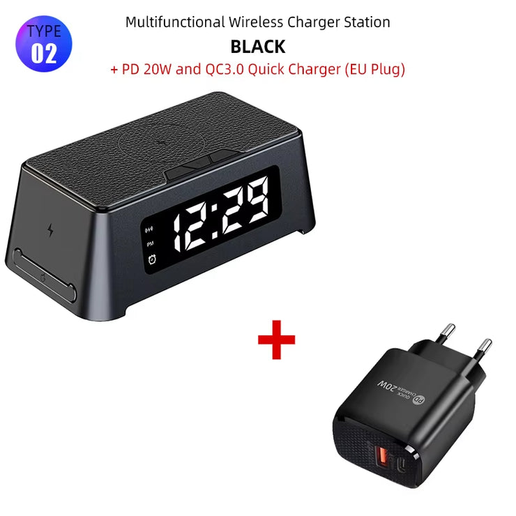 4 in 1 Wireless Charger Dock for Iphone 16 15 14Pro Apple Watch S9 8 7 15W Fast Charging Station Desktop LED Digital Alarm Clock