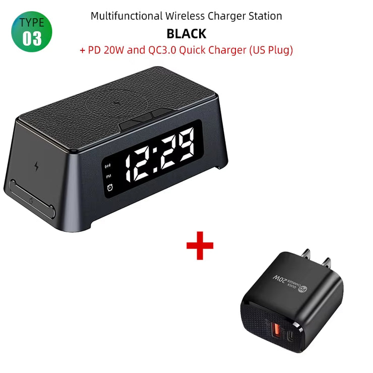 4 in 1 Wireless Charger Dock for Iphone 16 15 14Pro Apple Watch S9 8 7 15W Fast Charging Station Desktop LED Digital Alarm Clock